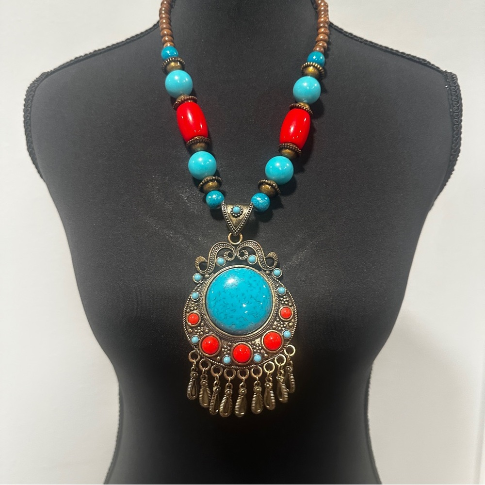 Turquoise & Red Bohemian Statement Pendant Necklace